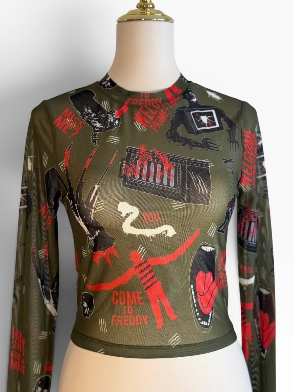 Nightmare on Elm Street Sheer Mesh Graphic Long-Sleeve Crop Tee Freddie Krueger